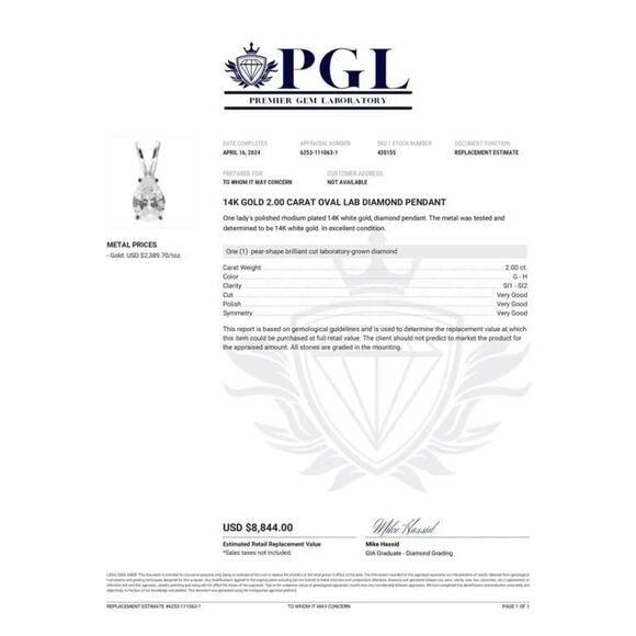 14kt White Gold 2 Carat Pear Lab Diamond Color Grade G-H Clarity Grade SI1-S12 - Picture 3 of 16